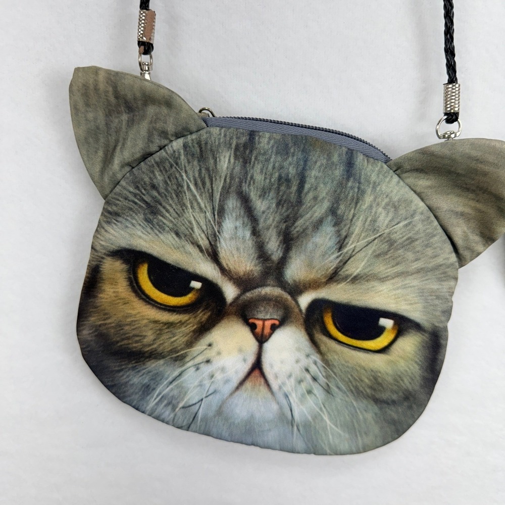 Cat Face Novelty Crossbody Bag and Coin Purse Set OS Gray Kitsch Quirky Style